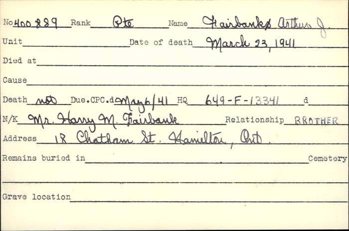 Title: Veterans Death Cards: First World War - Mikan Number: 46114 - Microform: everest_arthur-p