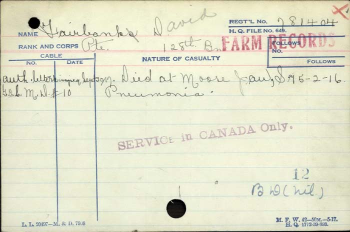 Title: Veterans Death Cards: First World War - Mikan Number: 46114 - Microform: everest_arthur-p