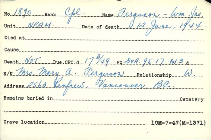 Title: Veterans Death Cards: First World War - Mikan Number: 46114 - Microform: everest_arthur-p