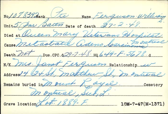 Title: Veterans Death Cards: First World War - Mikan Number: 46114 - Microform: everest_arthur-p