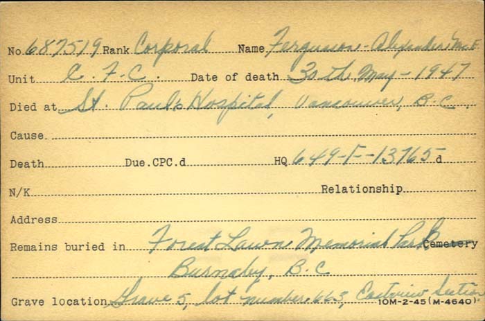 Title: Veterans Death Cards: First World War - Mikan Number: 46114 - Microform: fergusson_alexander