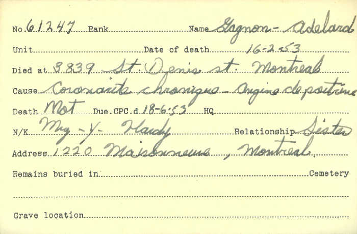 Title: Veterans Death Cards: First World War - Mikan Number: 46114 - Microform: gagnon_adelard
