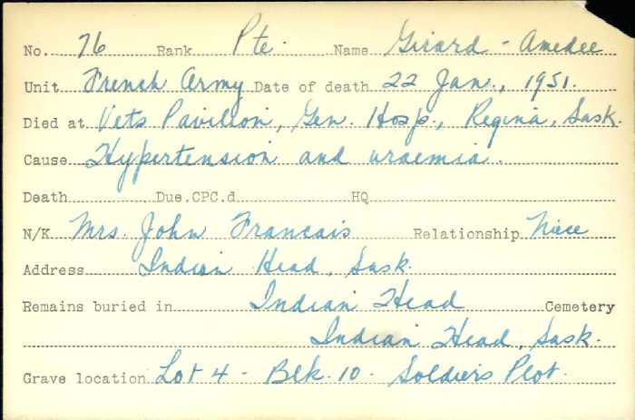 Title: Veterans Death Cards: First World War - Mikan Number: 46114 - Microform: girard_amedee