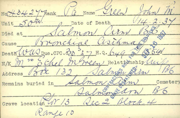 Title: Veterans Death Cards: First World War - Mikan Number: 46114 - Microform: green_a