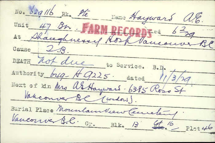 Title: Veterans Death Cards: First World War - Mikan Number: 46114 - Microform: hayward_a