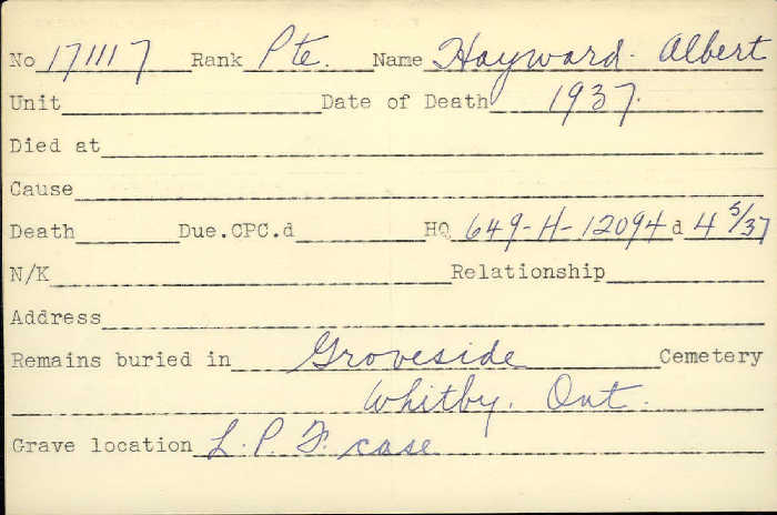 Title: Veterans Death Cards: First World War - Mikan Number: 46114 - Microform: hayward_a