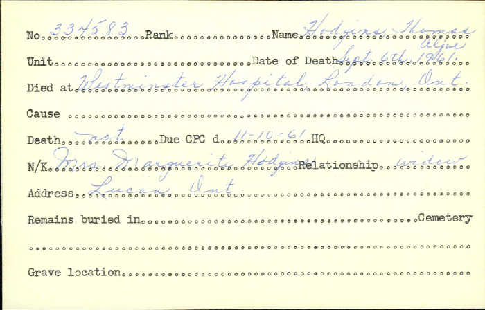 Title: Veterans Death Cards: First World War - Mikan Number: 46114 - Microform: hewitt_a