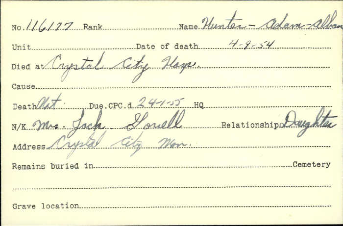 Title: Veterans Death Cards: First World War - Mikan Number: 46114 - Microform: hunter_a