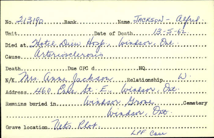 Title: Veterans Death Cards: First World War - Mikan Number: 46114 - Microform: jackson_a