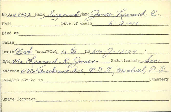 Title: Veterans Death Cards: First World War - Mikan Number: 46114 - Microform: jones_leonard