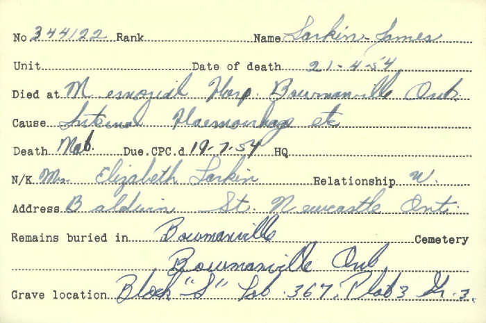 Title: Veterans Death Cards: First World War - Mikan Number: 46114 - Microform: lacey_a
