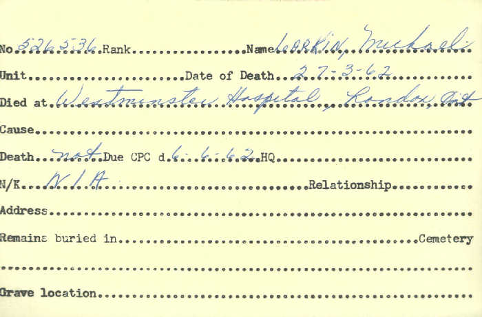 Title: Veterans Death Cards: First World War - Mikan Number: 46114 - Microform: lacey_a