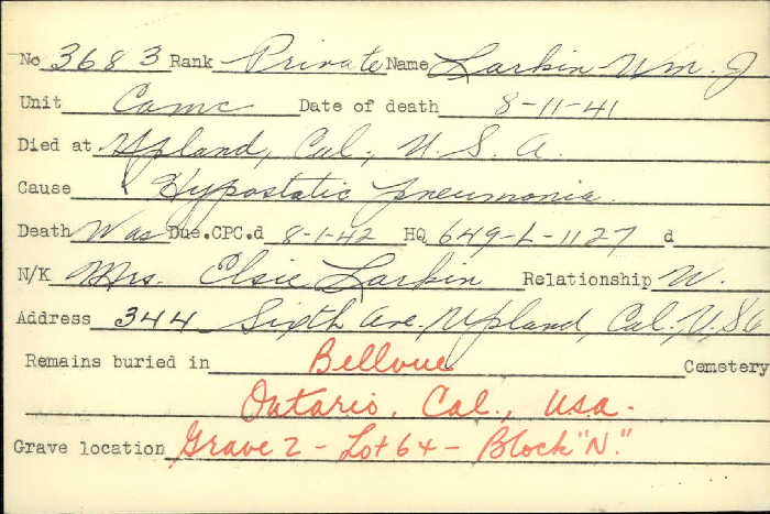 Title: Veterans Death Cards: First World War - Mikan Number: 46114 - Microform: larkin_william-j