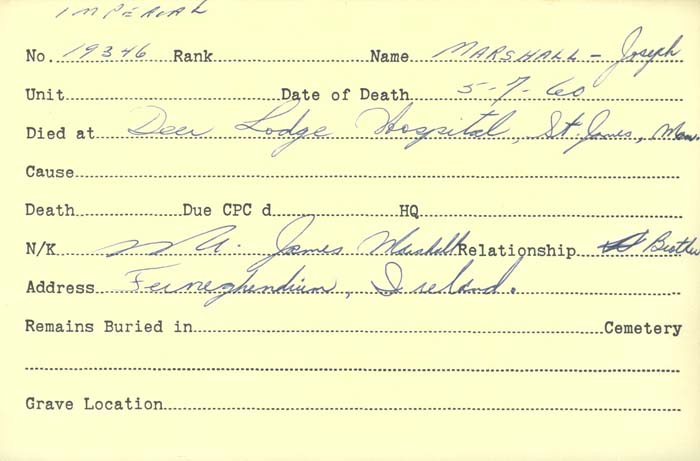 Title: Veterans Death Cards: First World War - Mikan Number: 46114 - Microform: mahoney_f