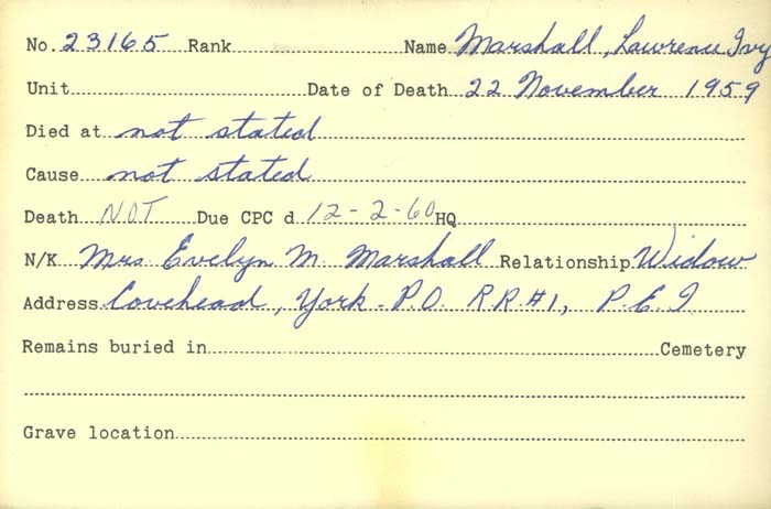 Title: Veterans Death Cards: First World War - Mikan Number: 46114 - Microform: marshall_l