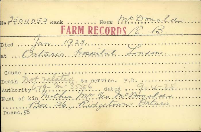 Title: Veterans Death Cards: First World War - Mikan Number: 46114 - Microform: mcdonald_e-b