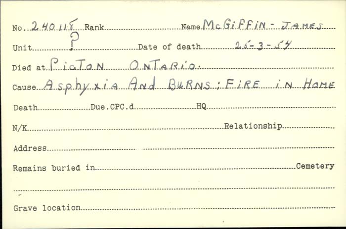 Title: Veterans Death Cards: First World War - Mikan Number: 46114 - Microform: mcgibney_r