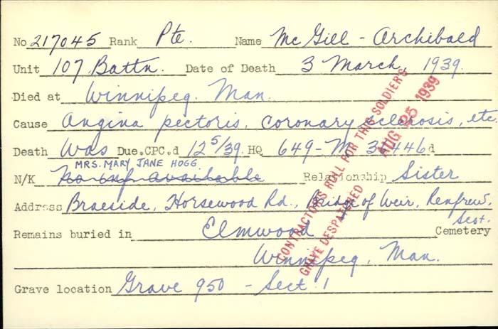 Title: Veterans Death Cards: First World War - Mikan Number: 46114 - Microform: mcgibney_r