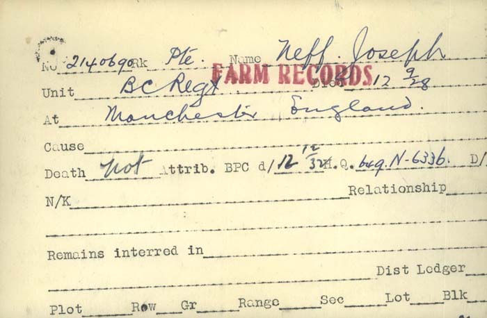 Title: Veterans Death Cards: First World War - Mikan Number: 46114 - Microform: mcnamee_m