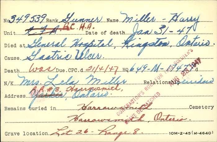 Title: Veterans Death Cards: First World War - Mikan Number: 46114 - Microform: miller_h