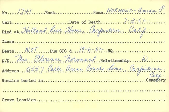Title: Veterans Death Cards: First World War - Mikan Number: 46114 - Microform: neff_omer