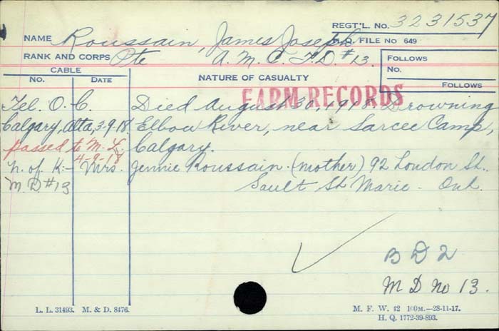 Title: Veterans Death Cards: First World War - Mikan Number: 46114 - Microform: roseback_john