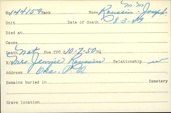 Title: Veterans Death Cards: First World War - Mikan Number: 46114 - Microform: roseback_john