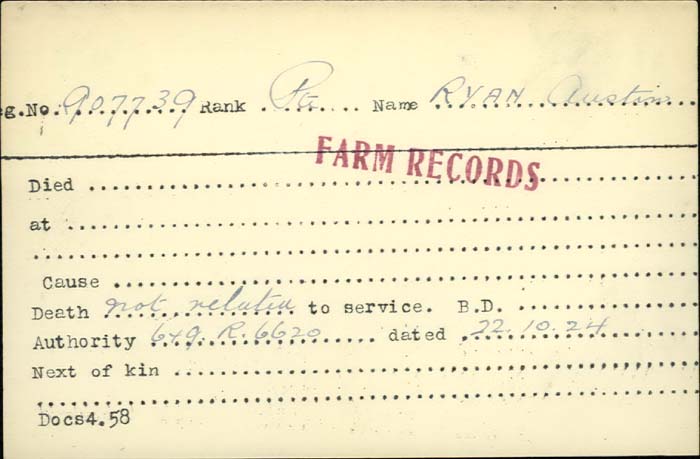 Title: Veterans Death Cards: First World War - Mikan Number: 46114 - Microform: ryan_a