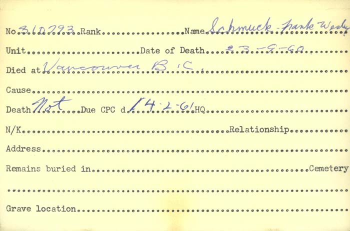 Title: Veterans Death Cards: First World War - Mikan Number: 46114 - Microform: schmuck_f