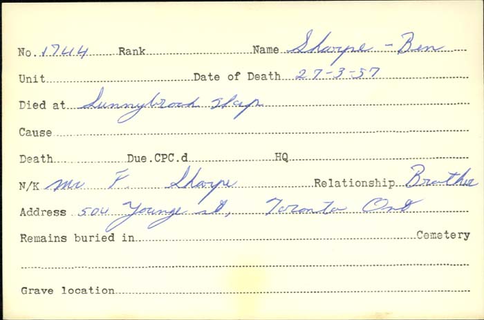 Title: Veterans Death Cards: First World War - Mikan Number: 46114 - Microform: sharpe_b