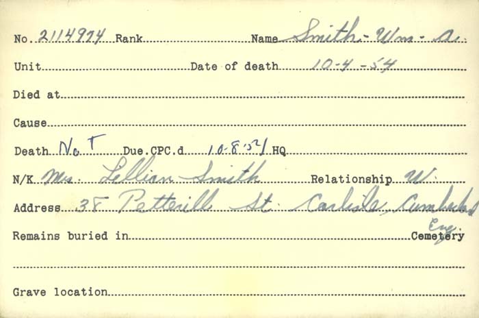 Title: Veterans Death Cards: First World War - Mikan Number: 46114 - Microform: smith_william_a