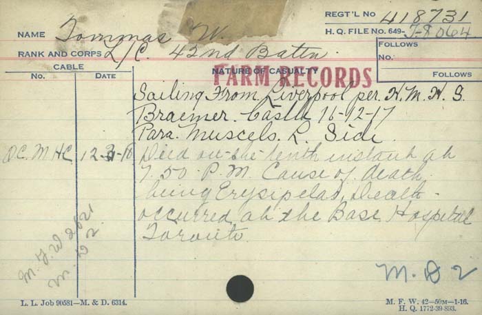 Title: Veterans Death Cards: First World War - Mikan Number: 46114 - Microform: tommas_w