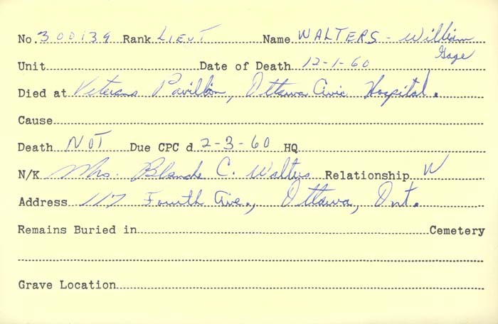 Title: Veterans Death Cards: First World War - Mikan Number: 46114 - Microform: walters_w