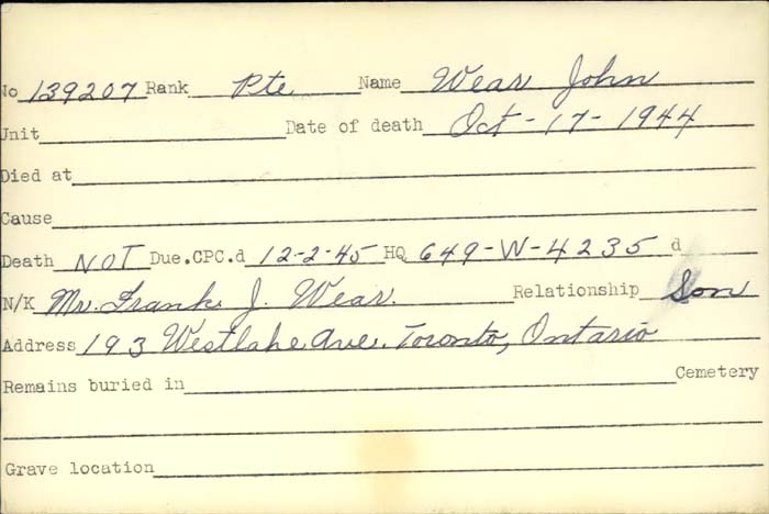 Title: Veterans Death Cards: First World War - Mikan Number: 46114 - Microform: wear_j