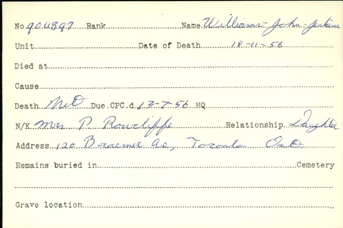 Title: Veterans Death Cards: First World War - Mikan Number: 46114 - Microform: williams_a