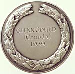 Back of the Harriet Cohen Bach Medal, with inscription GLENN GOULD, CANADA, 1959